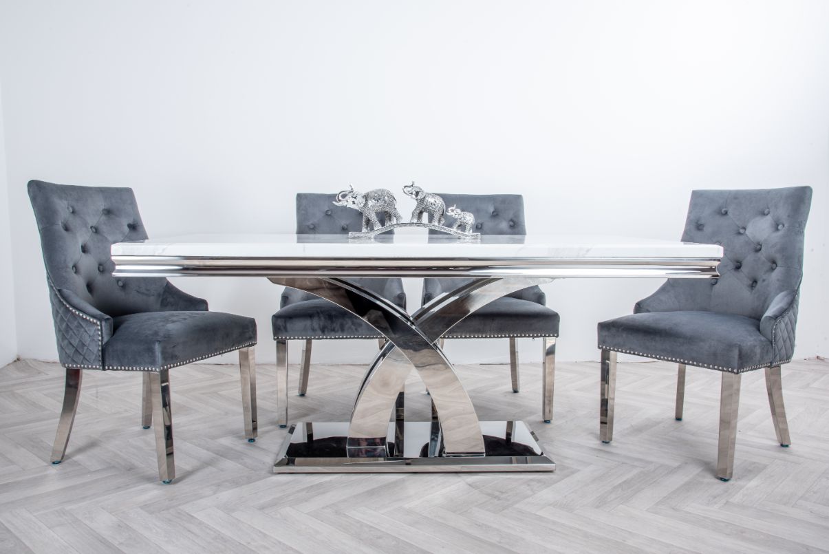 Ottavia 1.8M White Marble Dining Table with 6 Lion Knockerback Dining Chairs 