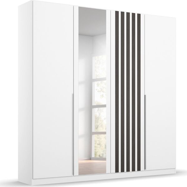 Rauch Lamella Alpine white//black oak and Mirror Front 4 Door Hinged Wardrobe 