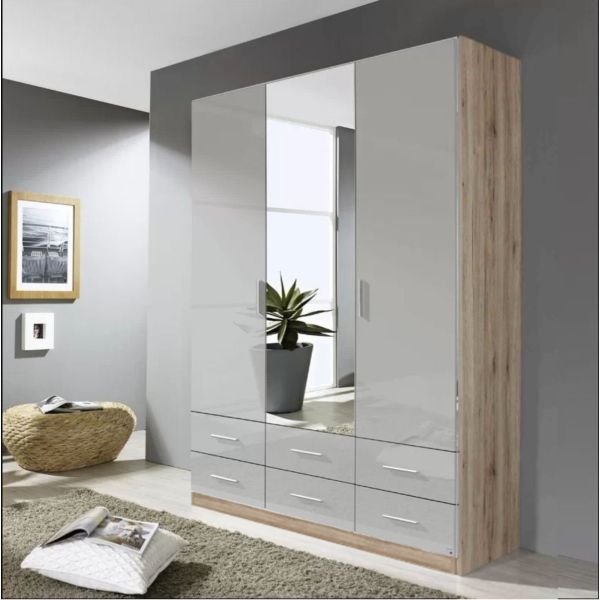 Rauch Stuttgart 3 Door Combi Wardrobe Front Soft Grey High Gloss Carcase Sanremo Oak Light Width 1.36M