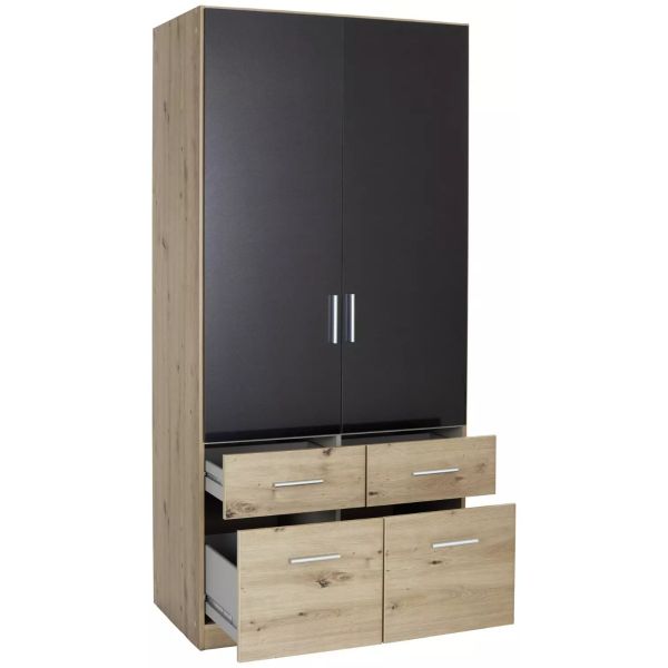 Rauch Celle 2 Door Hinged Combi Wardrobe 
2 Door Small wardrobe 
Wardrobe for spare room 
2 Door 4 Drawer Wardrobe 
Wardrobe with Drawers 
Oak and High Gloss Wardrobe