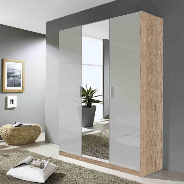 Rauch Stuttgart 1.36M, 3 Door Hinged Wardrobe High Gloss Grey Front and Sanremo Oak Light carcase