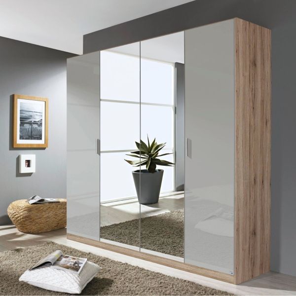 Rauch Stuttgart 4-Door Hinged Wardrobe Carcase Sonoma Oak Front High Gloss Silk Grey