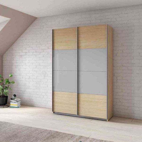 Rauch Quadra Sonoma Oak With Silk Grey Glass 2 Gliding Door Wardrobe