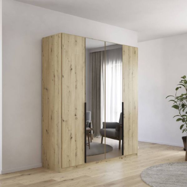 Rauch Skyla Artisan Oak 4 Hinged Doors Wardrobe with Grey Mirror Front