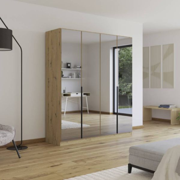 Rauch Skyla Artisan Oak 4 Hinged Door Wardrobe with Full Grey Mirror Front