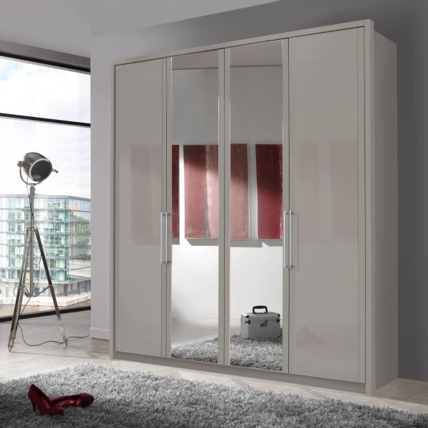 Wiemann Berlin Hinged 4 Door Pebble Grey Glass and Mirror Wardrobe