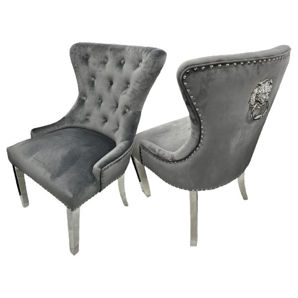 Cheshire Dark Grey Lion Knockerback Plush Velvet Dining Chairs
Plush Velvet Knockerback dining chairs 
French Velvet Knocker Back Dining Chairs 
Chelsea Ring Knockerback Plush Velvet Chair - Light Grey
Grey Knockerback dining chairs with chrome legs 
