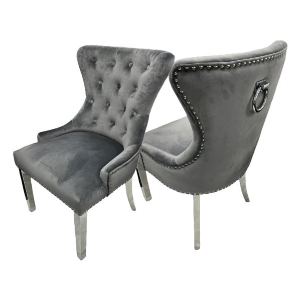 Cheshire Dark Grey Ring Knockerback Plush Velvet Dining Chairs
Plush Velvet Knockerback dining chairs 
French Velvet Knocker Back Dining Chairs 
Chelsea Ring Knockerback Plush Velvet Chair - Light Grey
Grey Knockerback dining chairs with chrome legs 