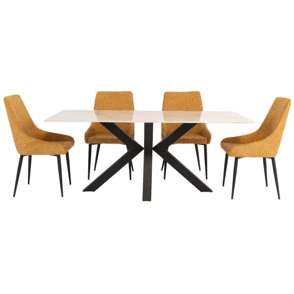 Coral 1.8M Kass Gold Sintered Stone Dining Table with Charlie Dining Chair
World Furniture Cora dining table
White ceramic dining table 
White table with black base
Modern and luxury dining table set
