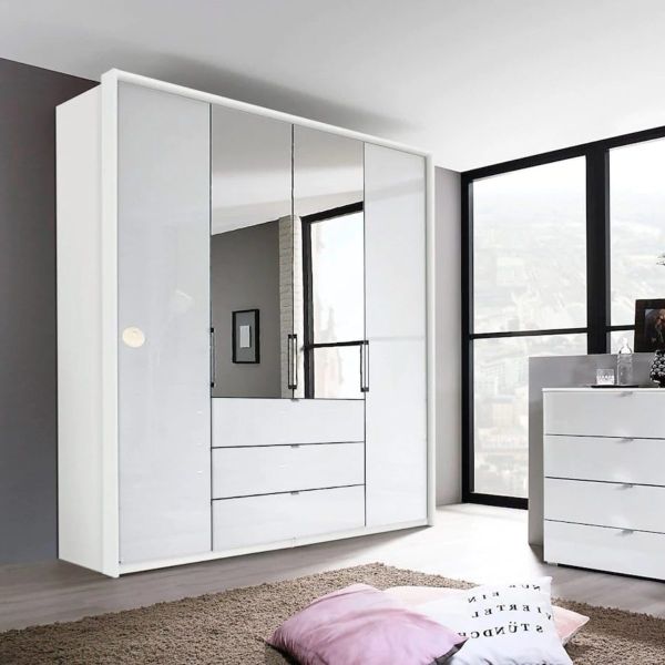 Rauch Erimo White Glass and Mirror Hinged 4-Door Combi Wardrobe 
