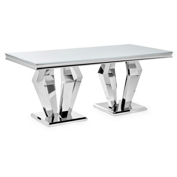 Sorrento 1.8m Polished Steel & White Glass Top Dining Table
Arturo Dining Table 
White Glass Modern Dining Table