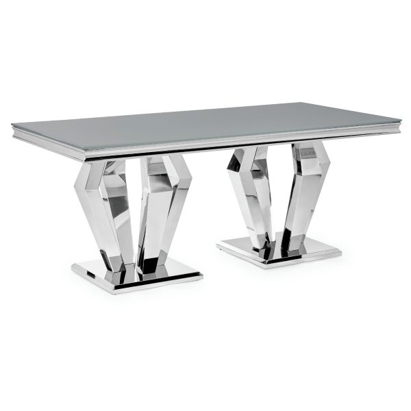 Sorrento 1.8m Polished Steel & Grey Glass Top Dining Table
Arturo Dining Table 
Grey Glass Modern Dining Table
Tempered Glass Dining Table