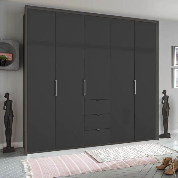 Rauch Erimo 5 Door Hinged Combi Wardrobe GRaphite and Basalt Glass - Width 204 Height 225cm