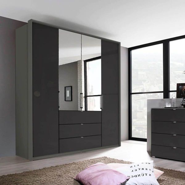 Rauch Erimo Graphite Carcase , Front Basalt Glass and Mirror Width 204 Height 225cm 4 Door Wardrobe with drawers Wardrobe has bi-folding doors