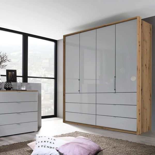 Rauch Erimo Artisan Oak 4 Door 6 Drawer Combi Wardrobe - Artisan Oak Carcase Colour Front Silk Grey Glass Length 204cm - 225cm Tall