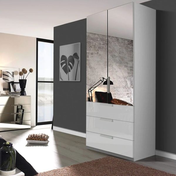 Rauch miramar 2 door hinged wardrobe with glass fron drawers and mirror doors