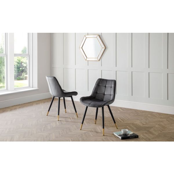 Hadid Grey Plush Velvet Dining Chair
Grey Velvet Upholstered Dining Chair
Cube design grey dining chairs 
Dining chairs with gold legs 
Clover Dining Chairs 