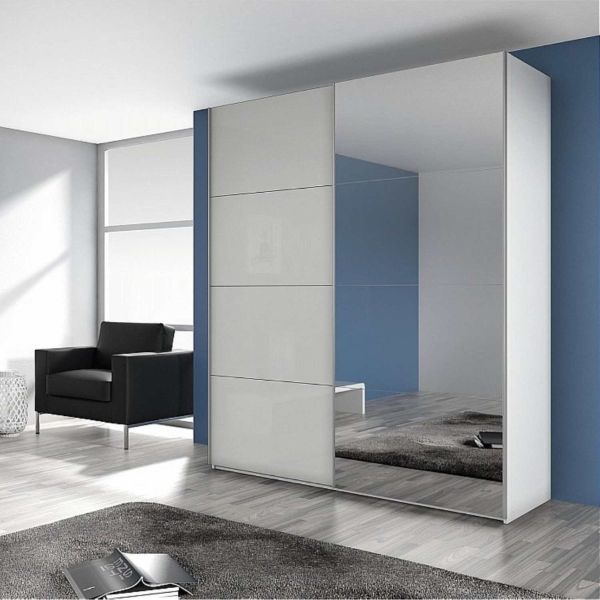 Rauch Stuttgart Sliding Wardrobe Alpine White/High Polish Soft Grey Front 226x210