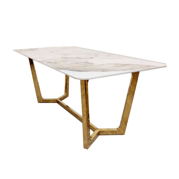 Dynasty White Marble and Gold Rectangle Dining Table Set