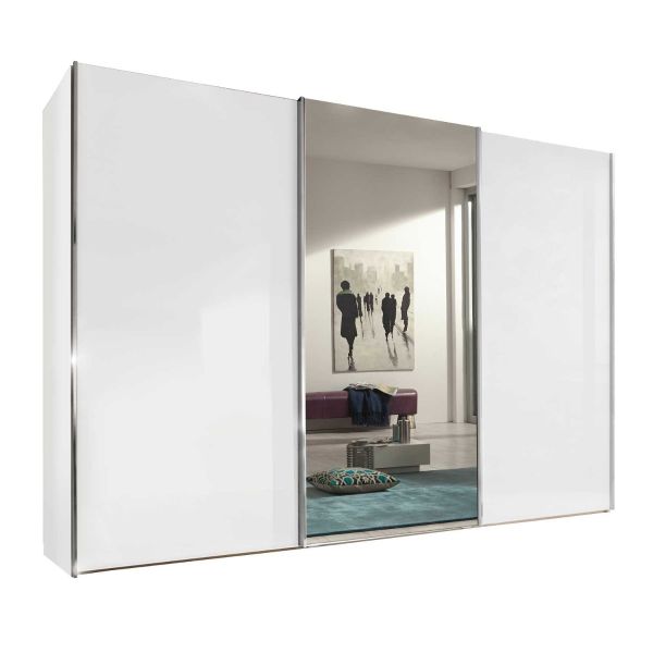 Wiemann White Large 3 Door Sliding Wardrobe With Glass and Mirror Front Available in 4 width sizes 225, 250, 280 and 300 cm