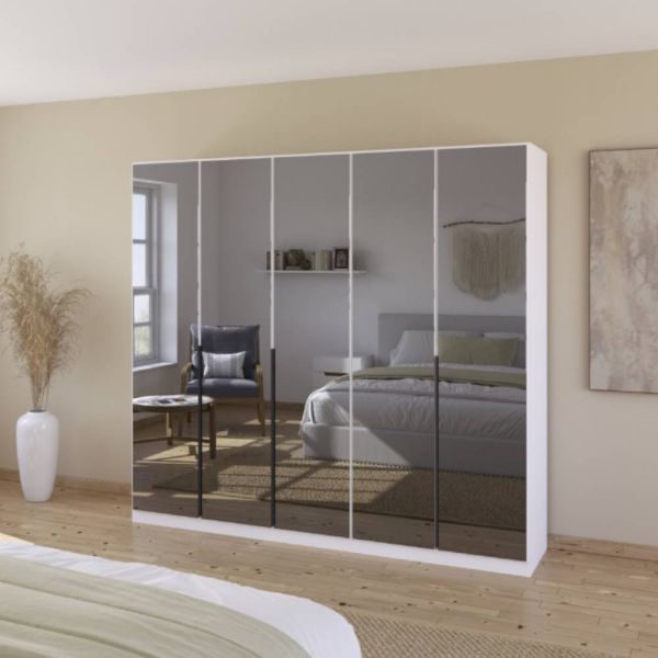 Rauch Skyla Alpine White 5 Hinged Door Wardrobe with Full Grey Mirror Front