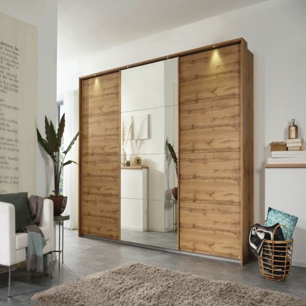 Rauch Artisan Oak Kulmbach 3 Door Sliding Wardrobe 203CM Width with Middle Mirror Door