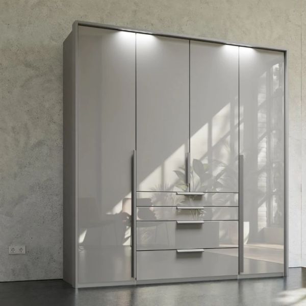 Rauch Purisma Silk Grey 4 Door Hinged wardrobe with drawers and long door handles