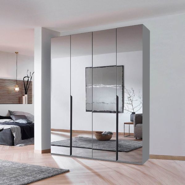 Rauch Quadra Spin Epsilon 4-Door Full Mirror Wardrobe Carcase Silk Grey Long Metallic Handles Width 181CM Height 210CM