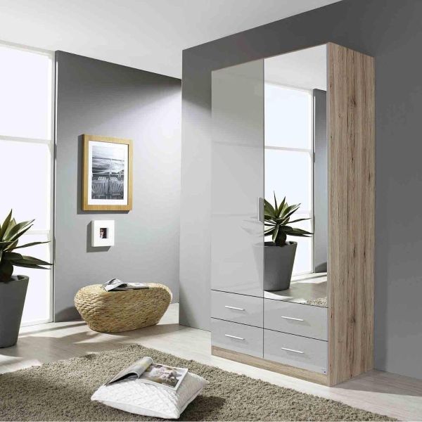 Rauch Stuttgart Sanremo Oak Light With Soft Grey Gloss Front 2 Door Hinged Combi Wardrobe
