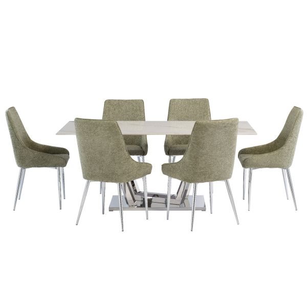 Remi 1.8M White Kass Gold Dining Table  with Ronie Dining Chairs
White stone top dining table set 
Modern White marble dining table set
ceramic top dining table set