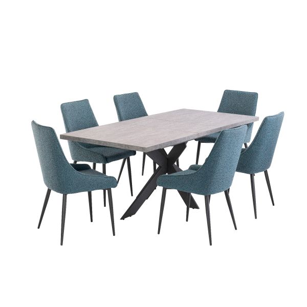 Rimini 1.6 (+0.4)m Extending Dining Table - Light Grey with Rimini Dining Chairs - Teal/Grey Fabric