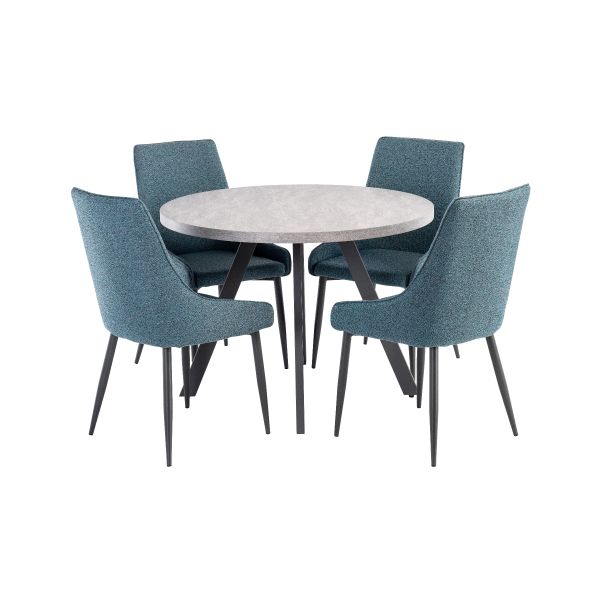 Rimini 1.07m Round Dining Table - Light Grey with Rimini Dining Chairs - Teal/Grey Fabric