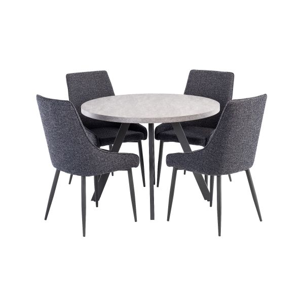 Rimini 1.07m Round Dining Table - Light Grey with Rimini Dining Chairs - Blue/Grey Fabric