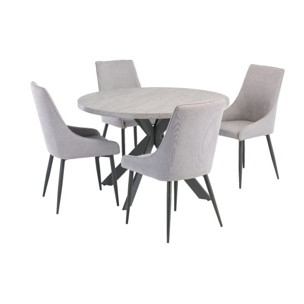 Rimini 1.2m Round Dining Table - Light Grey with Rimini Dining Chairs - Grey Fabric