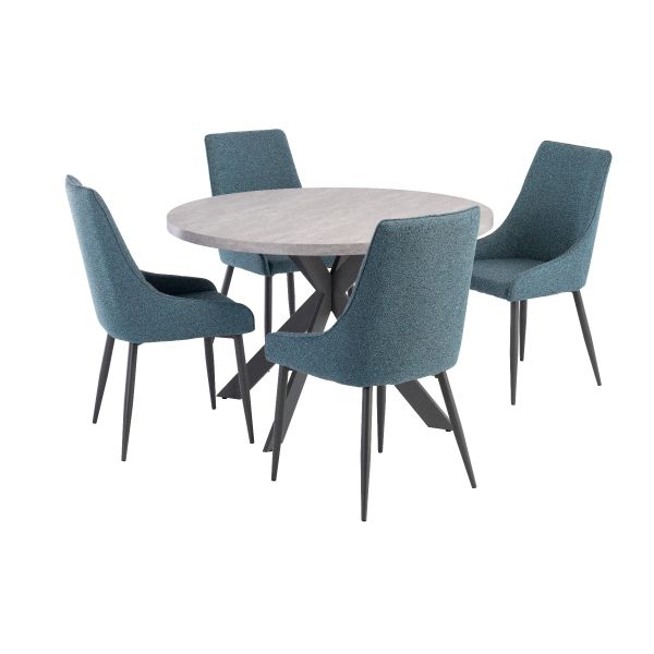 Rimini 1.2m Round Dining Table - Light Grey with Rimini Dining Chairs - Teal/Grey Fabric