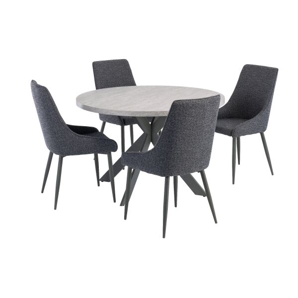 Rimini 1.2m Round Dining Table - Light Grey with Rimini Dining Chairs - Blue/Grey Fabric