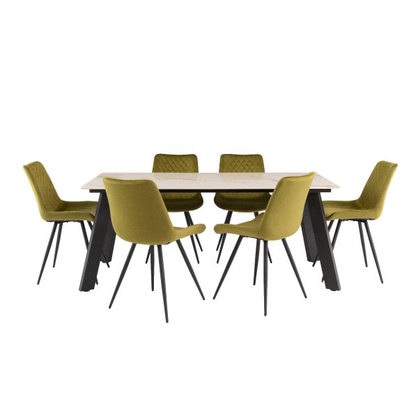 Ruby 1.8m Dining Table - Kass Gold with Mabelo Velvet Dining Chairs - Olive