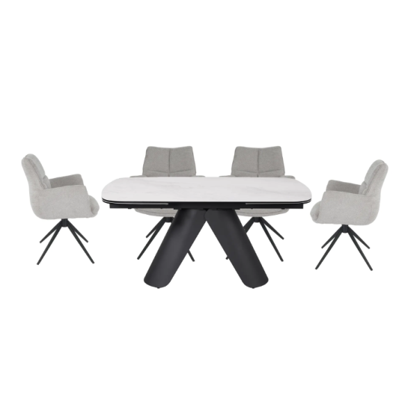 Pearl Ext Dining Table with Perla Carver Swivel Chairs