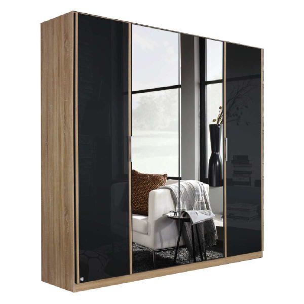 Rauch Essensa 4 Door Hinged Sonoma Oak Basalt Glass Wardrobe 210 or 229cm Tall