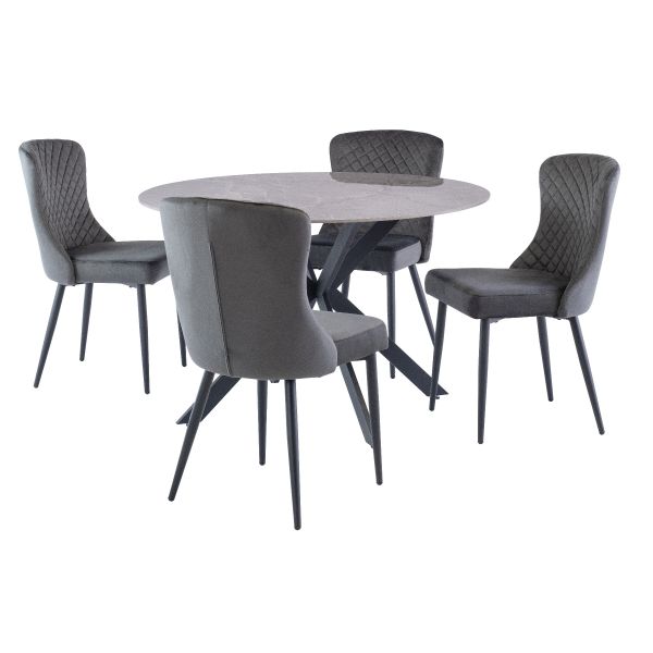 Talia 1.2m Round Dining Table - Grey with Harley Velvet Dining Chairs - Graphite