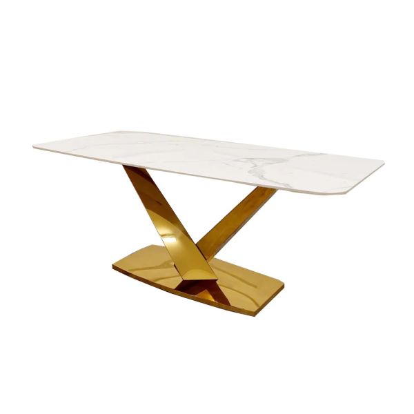 Vigo Gold 1.8 Dining Table with Polar White Sintered Stone Top
Gold Base Dining Table 
Gold Dining Table
Ceramic Top Dining Table with Gold Base