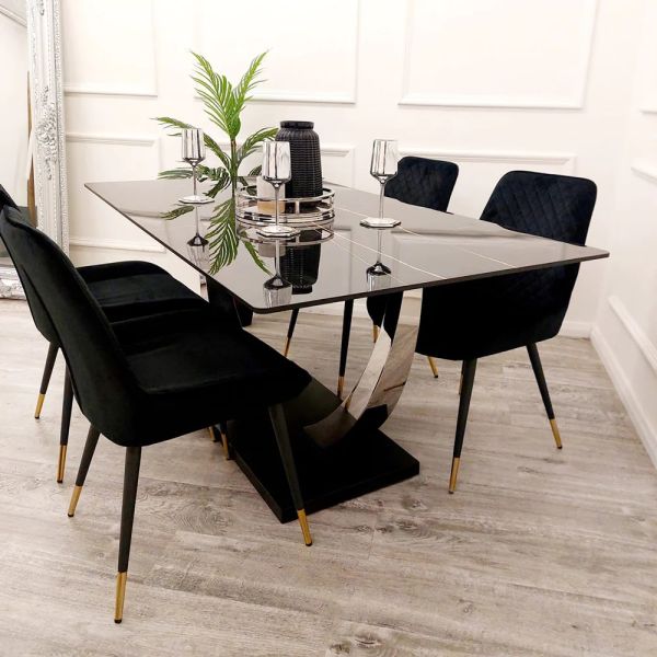 Venus 1.6m Black Sintered Stone Top Dining Table With Luna Dining Chairs
Balck Sintered Stone dining table 
1.6M Black Dining table 
6 Seater Black Sone Dining table 