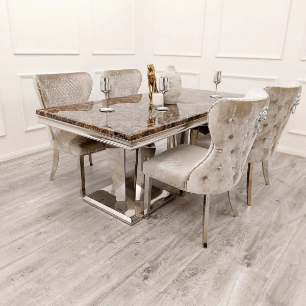 Ottavia Marble Top Dining Table Set with chrome base and 4 Lewis lion knocker back dining chairs