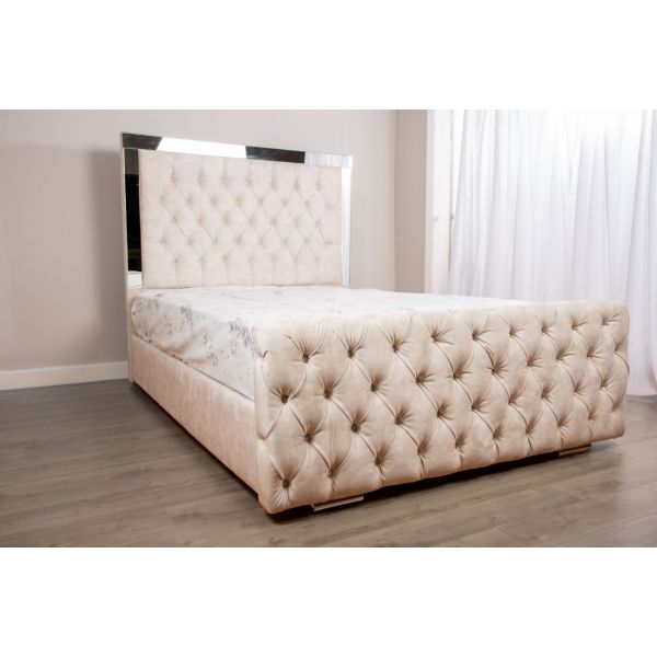 Glaze Mirror and Velvet Fabric Upholstered Bed Frame
Bed With Mirror Border 
Mirror and Fabric Bed 
Double Fabric Bed 
Reflection Bed
