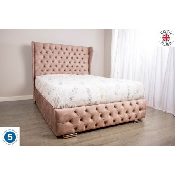 Mayfair Velvet Fabric Upholstered Bed frame 
Wing Headboard Bed 
Chesterfield design bed 
Benson and Beds 
Bed and Mattress 