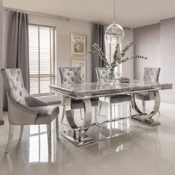 Vida Living Arianna grey marble top chrome base dining table with 6 fabric ring knocker chairs