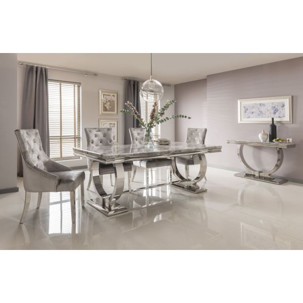 Aries 2.0m grey dining table with shimmer knockerback dining chairs