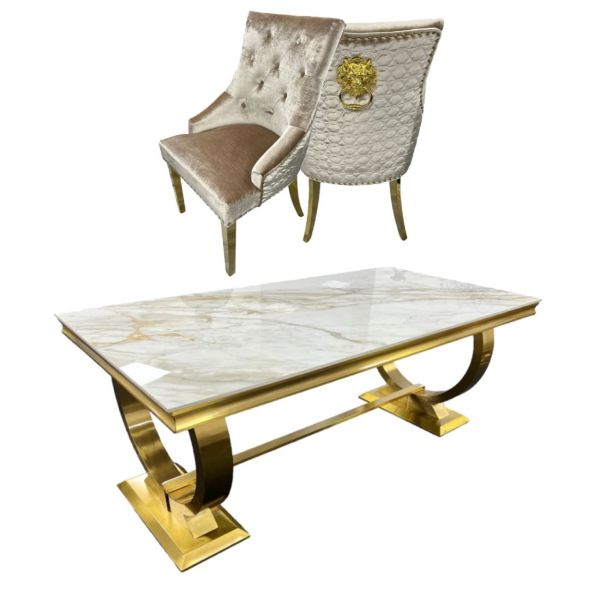 Arianna Gold White Ceramic Top Dining Table Set