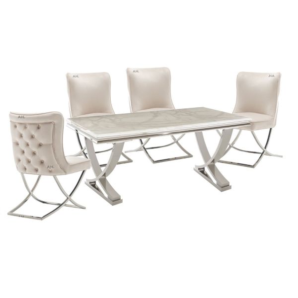 Armano 1.8m White Bone Marble Top Dining Table With Belgravia dining chairs