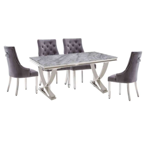 Armano 180CM Grey Marble Dining Table with ring knocker back dining chairs with chrome legs